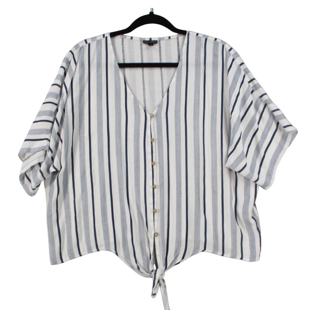 Cato Women Blue White Striped Button Down V-Neck Tie Front Blouse Top 18/20W
